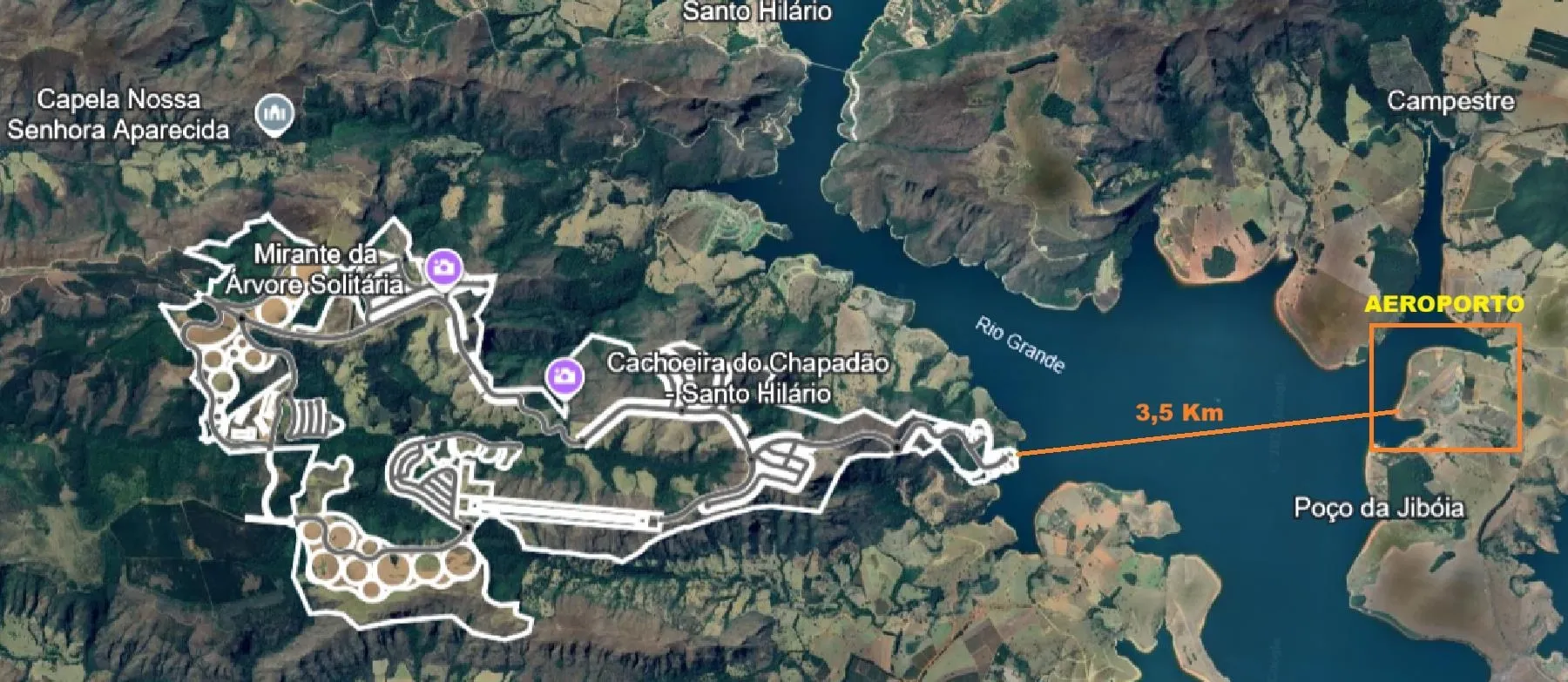 Mapa da rota de acesso pelo aeroporto do Terramare e a travessia do lago