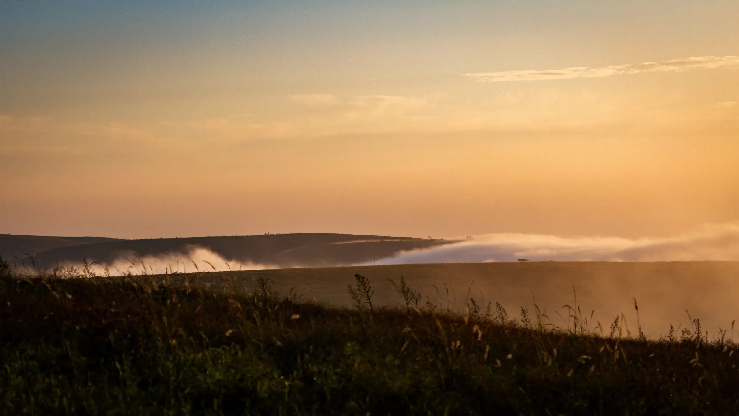 Pôr do sol com neblina sobre a fazenda