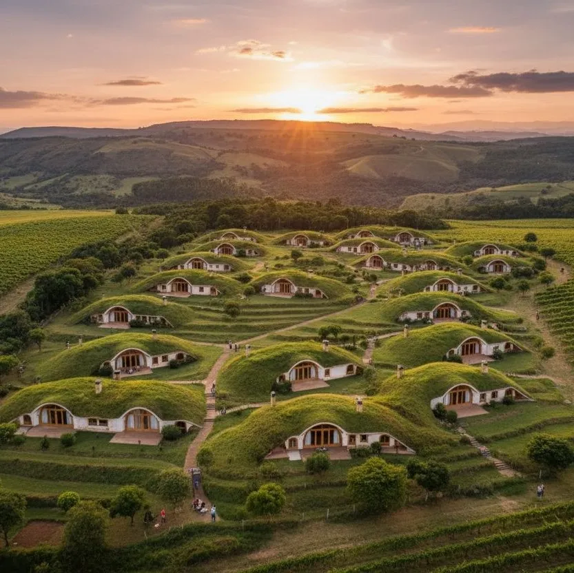 Vista da comunidade catolica planejada ao entardecer